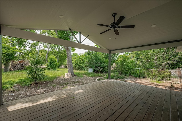 15622 Corsair Rd, Houston, TX 77053 - wooden terrace featuring a ceiling fan and view of scattered trees