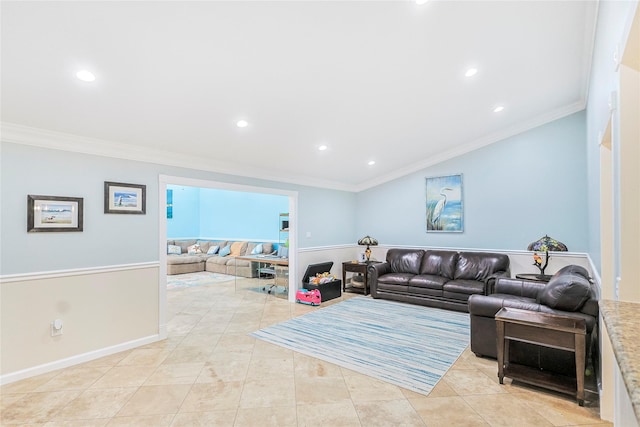 3415 80th St, Galveston, TX 77551 - living area with crown molding, recessed lighting, light tile patterned flooring, and baseboards