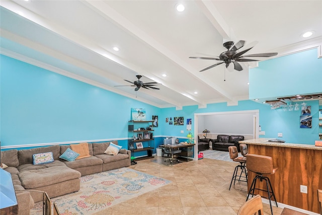 3415 80th St, Galveston, TX 77551 - living room with a ceiling fan, recessed lighting, and light tile patterned floors