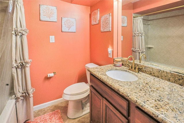 3415 80th St, Galveston, TX 77551 - bathroom with toilet, vanity, tile patterned floors, a shower with shower curtain, and baseboards