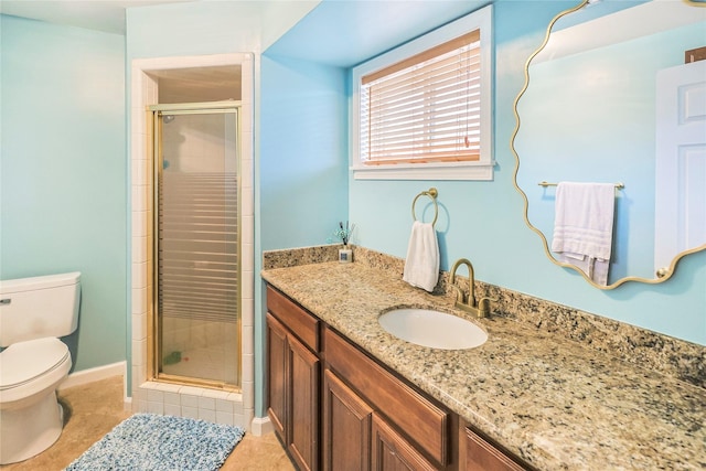 3415 80th St, Galveston, TX 77551 - full bath featuring toilet, a stall shower, vanity, and tile patterned floors