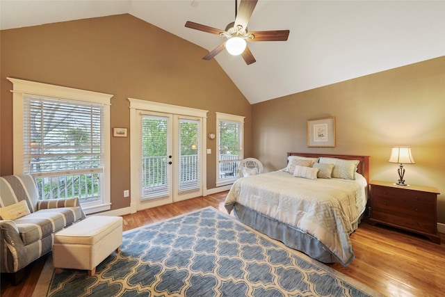 606 E 27th St, Houston, TX 77008 - bedroom featuring access to exterior, wood finished floors, high vaulted ceiling, french doors, and ceiling fan