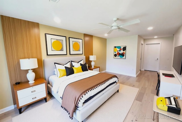 6658 Radley Dr, Spring, TX 77379 - bedroom featuring recessed lighting, light wood-style flooring, baseboards, and ceiling fan