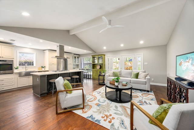 10718 Dunlap St, Houston, TX 77096 - living room with dark wood-style flooring, a ceiling fan, recessed lighting, and baseboards