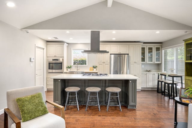 10718 Dunlap St, Houston, TX 77096 - kitchen featuring appliances with stainless steel finishes, island exhaust hood, lofted ceiling, a kitchen island, and a breakfast bar area