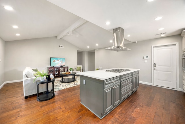10718 Dunlap St, Houston, TX 77096 - kitchen featuring gray cabinets, island exhaust hood, appliances with stainless steel finishes, a kitchen island, and dark wood-type flooring
