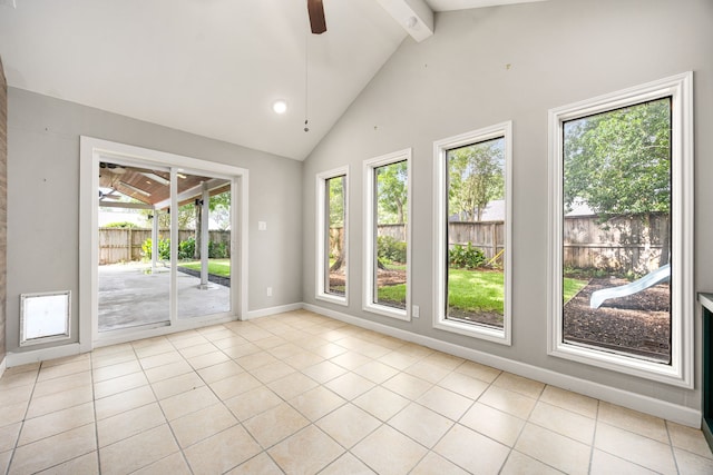 10718 Dunlap St, Houston, TX 77096 - unfurnished room with ceiling fan, beamed ceiling, light tile patterned floors, baseboards, and high vaulted ceiling