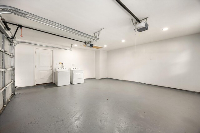 10718 Dunlap St, Houston, TX 77096 - garage with washer and clothes dryer, a garage door opener, and recessed lighting