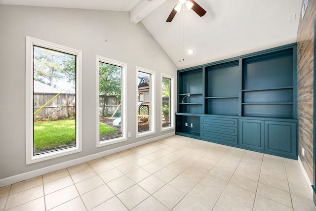 10718 Dunlap St, Houston, TX 77096 - empty room featuring ceiling fan, light tile patterned floors, built in features, baseboards, and recessed lighting