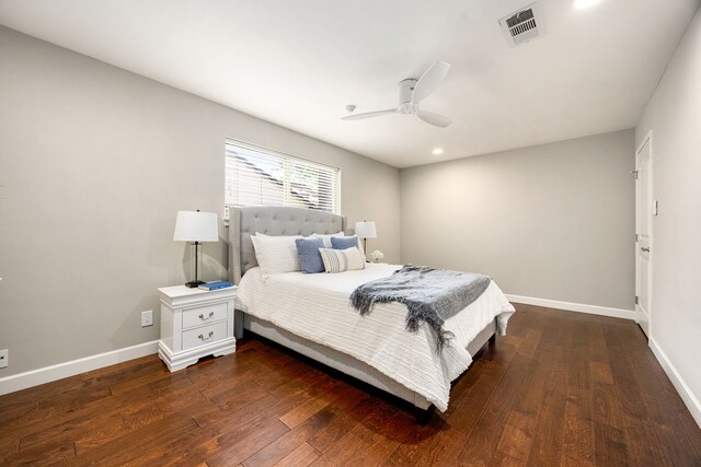 10718 Dunlap St, Houston, TX 77096 - bedroom featuring baseboards, dark wood-type flooring, a ceiling fan, and recessed lighting