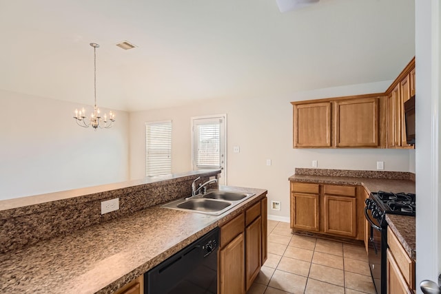 7607 Friesian Meadow Ln, Humble, TX 77338 - kitchen with black appliances, a sink, a chandelier, pendant lighting, and light tile patterned floors