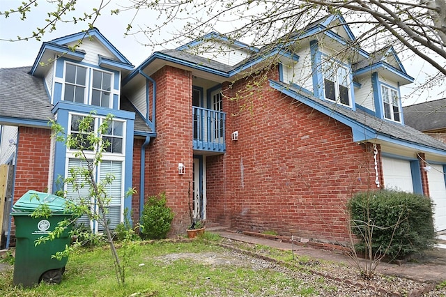 3114 Hollow Creek Ct, Houston, TX 77082 - view of front of house featuring brick siding, a shingled roof, a balcony, and an attached garage