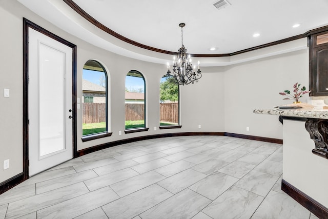 5912 T St, Katy, TX 77493 - unfurnished dining area with baseboards, a chandelier, crown molding, recessed lighting, and a raised ceiling