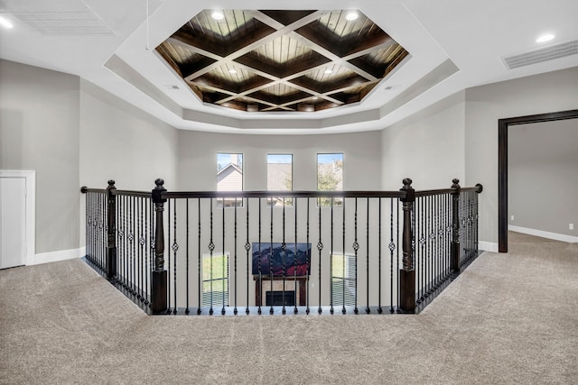 5912 T St, Katy, TX 77493 - hallway with carpet, coffered ceiling, recessed lighting, baseboards, and beamed ceiling