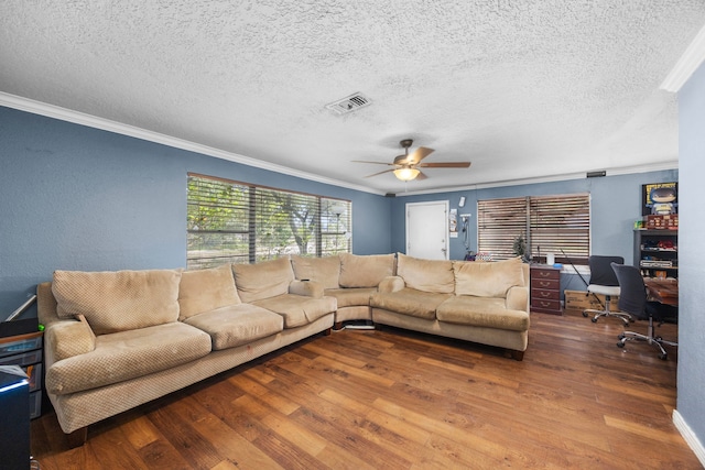 917 Alvin St, Pasadena, TX 77506 - living area featuring ornamental molding, wood finished floors, an office area, a ceiling fan, and a textured ceiling