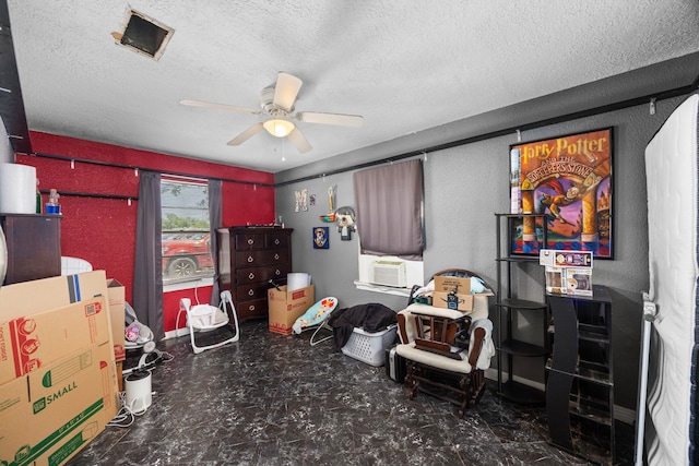 917 Alvin St, Pasadena, TX 77506 - bedroom with a textured wall, a textured ceiling, cooling unit, and ceiling fan