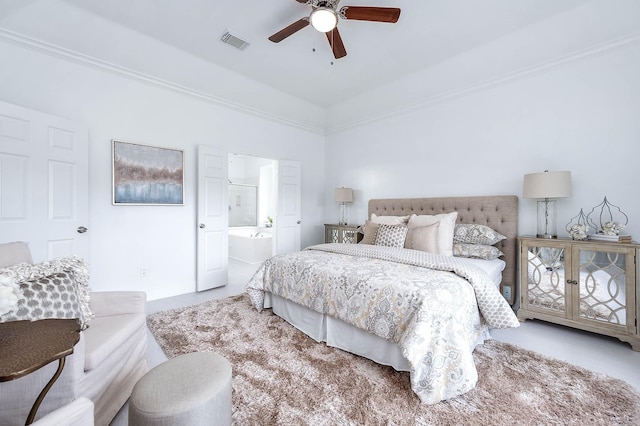 24034 River Place Dr, Katy, TX 77494 - bedroom featuring ensuite bathroom, ornamental molding, and a ceiling fan