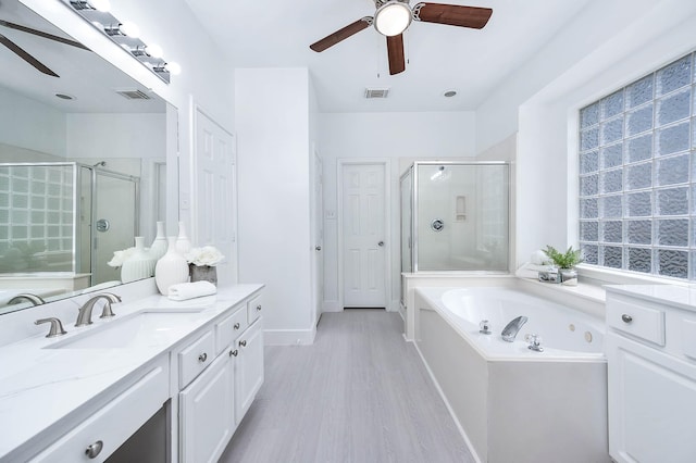 24034 River Place Dr, Katy, TX 77494 - bathroom with ceiling fan, a shower stall, vanity, and a whirlpool tub