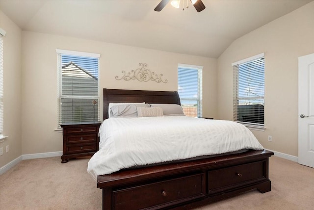 15031 Appian Oak St, Cypress, TX 77429 - bedroom featuring light carpet, lofted ceiling, baseboards, and ceiling fan