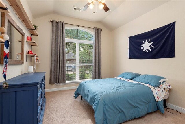 15031 Appian Oak St, Cypress, TX 77429 - bedroom featuring vaulted ceiling, light carpet, baseboards, and a ceiling fan