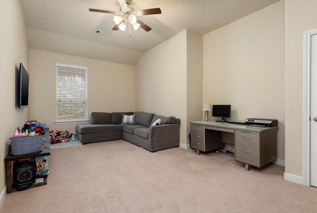 15031 Appian Oak St, Cypress, TX 77429 - office with light colored carpet, ceiling fan, baseboards, and lofted ceiling