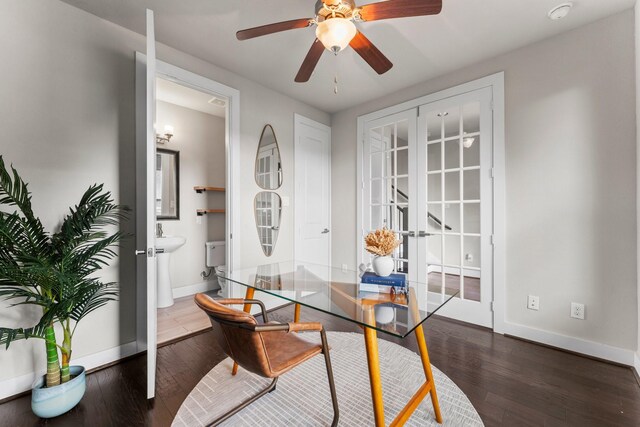 111 E 2nd St, Houston, TX 77007 - home office featuring french doors, baseboards, wood finished floors, and a ceiling fan
