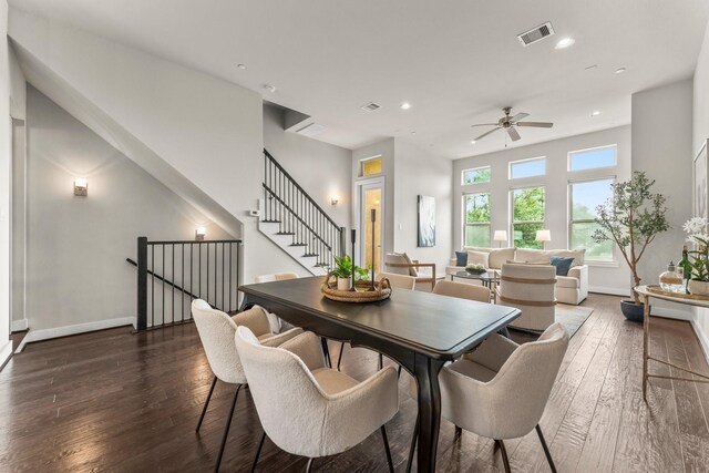 111 E 2nd St, Houston, TX 77007 - dining area featuring ceiling fan, wood-type flooring, baseboards, recessed lighting, and stairs