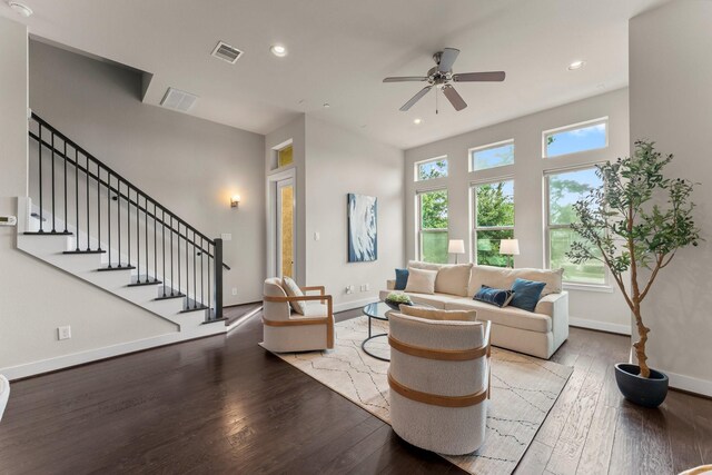 111 E 2nd St, Houston, TX 77007 - living room featuring a ceiling fan, hardwood / wood-style flooring, baseboards, recessed lighting, and stairs