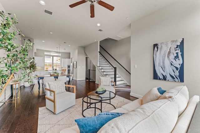111 E 2nd St, Houston, TX 77007 - living area featuring stairway, a ceiling fan, light wood finished floors, recessed lighting, and baseboards