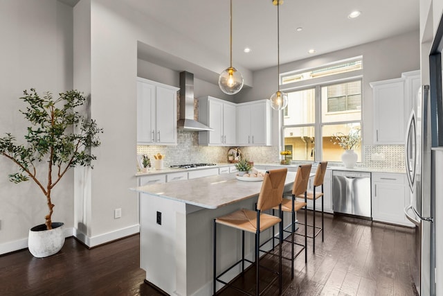 111 E 2nd St, Houston, TX 77007 - kitchen featuring wall chimney range hood, dishwasher, dark wood-style floors, decorative backsplash, and recessed lighting