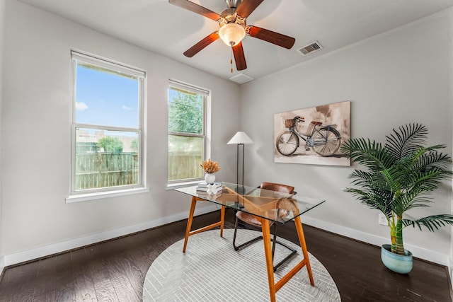 111 E 2nd St, Houston, TX 77007 - office with baseboards, wood finished floors, and a ceiling fan