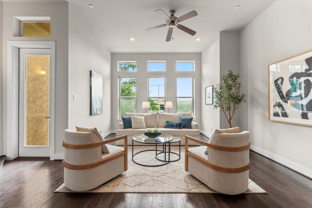 111 E 2nd St, Houston, TX 77007 - living room with wood-type flooring, a ceiling fan, baseboards, and recessed lighting