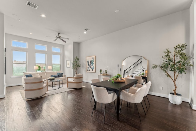 111 E 2nd St, Houston, TX 77007 - dining area with wood-type flooring, stairway, a ceiling fan, recessed lighting, and baseboards