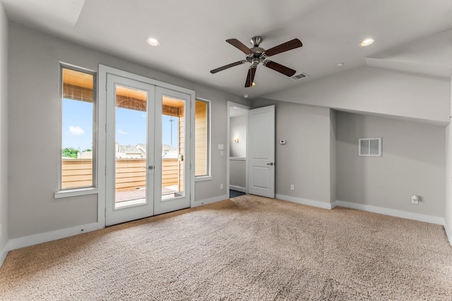 111 E 2nd St, Houston, TX 77007 - carpeted spare room with recessed lighting, ceiling fan, baseboards, french doors, and lofted ceiling