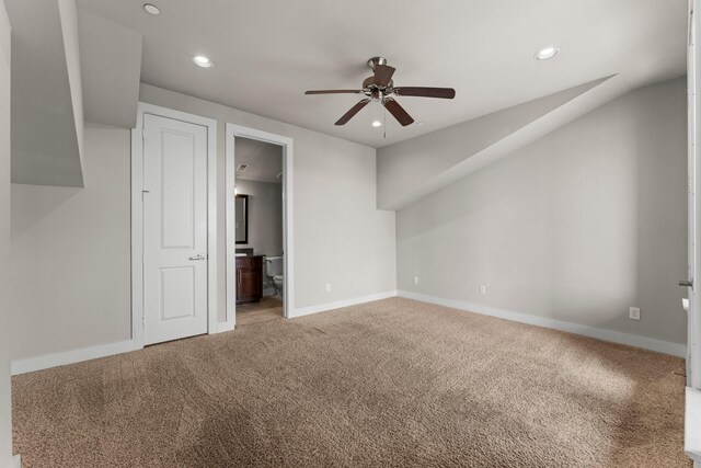 111 E 2nd St, Houston, TX 77007 - unfurnished bedroom featuring carpet floors, recessed lighting, baseboards, ensuite bathroom, and a ceiling fan