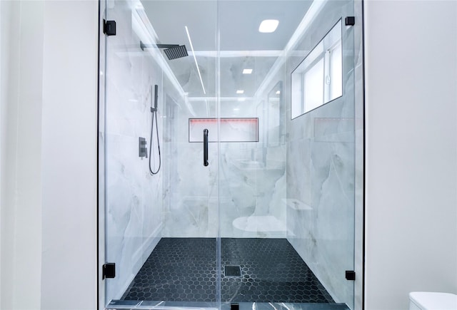 16538 Park Scot Dr, Houston, TX 77084 - bathroom featuring toilet and a marble finish shower