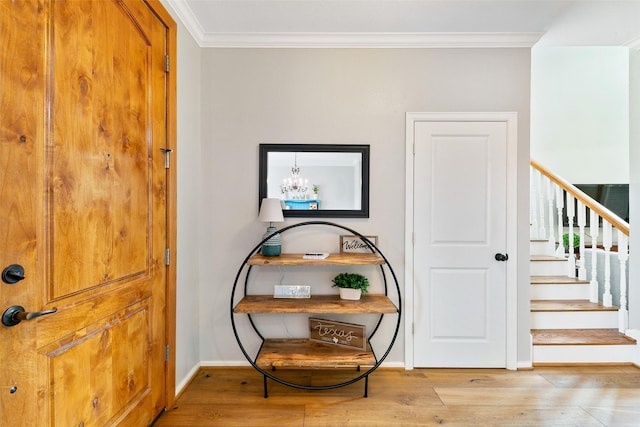 1538 Bevis St, Houston, TX 77008 - interior space featuring crown molding, wood finished floors, stairway, baseboards, and a chandelier