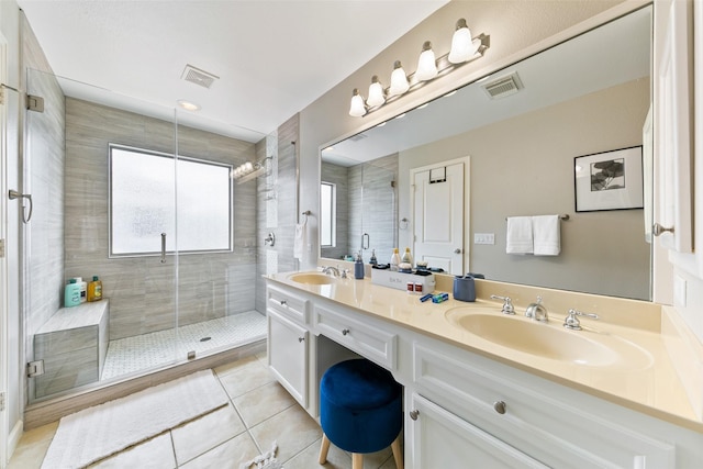 1538 Bevis St, Houston, TX 77008 - bathroom with double vanity, a stall shower, and tile patterned floors