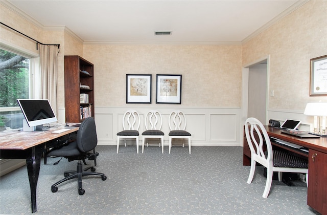 901 Hartrick Canyon Dr, Temple, TX 76502 - office with carpet, crown molding, wainscoting, and a decorative wall