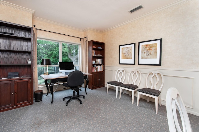 901 Hartrick Canyon Dr, Temple, TX 76502 - carpeted office featuring a wainscoted wall, crown molding, and a decorative wall