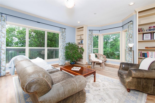 901 Hartrick Canyon Dr, Temple, TX 76502 - living area featuring wood finished floors, crown molding, built in features, recessed lighting, and baseboards