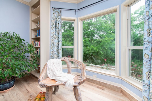 901 Hartrick Canyon Dr, Temple, TX 76502 - sitting room with wood finished floors, baseboards, crown molding, and built in shelves