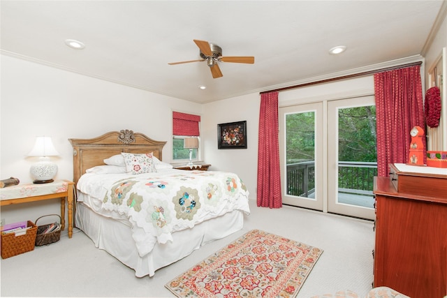 901 Hartrick Canyon Dr, Temple, TX 76502 - carpeted bedroom featuring access to outside, a ceiling fan, recessed lighting, and crown molding