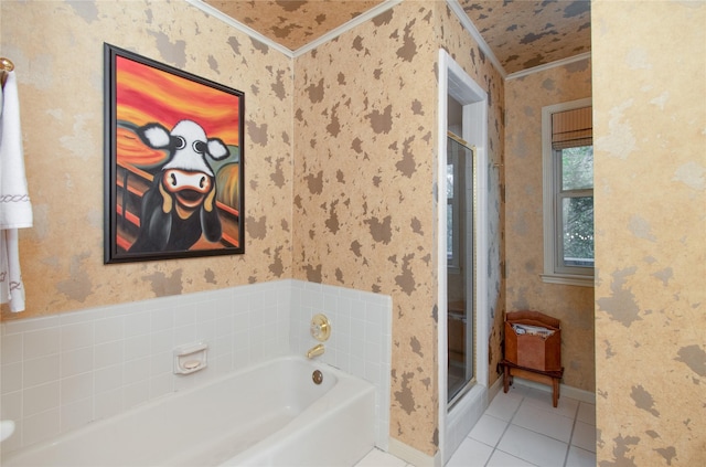 901 Hartrick Canyon Dr, Temple, TX 76502 - full bathroom featuring crown molding, wallpapered walls, a garden tub, a stall shower, and baseboards