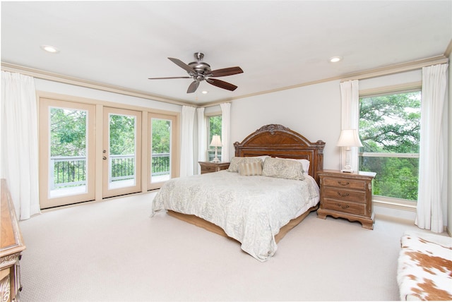 901 Hartrick Canyon Dr, Temple, TX 76502 - carpeted bedroom with access to exterior, crown molding, recessed lighting, and ceiling fan