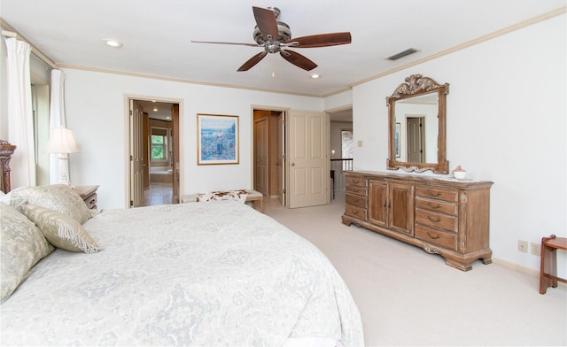 901 Hartrick Canyon Dr, Temple, TX 76502 - bedroom featuring light carpet, ornamental molding, a ceiling fan, recessed lighting, and baseboards