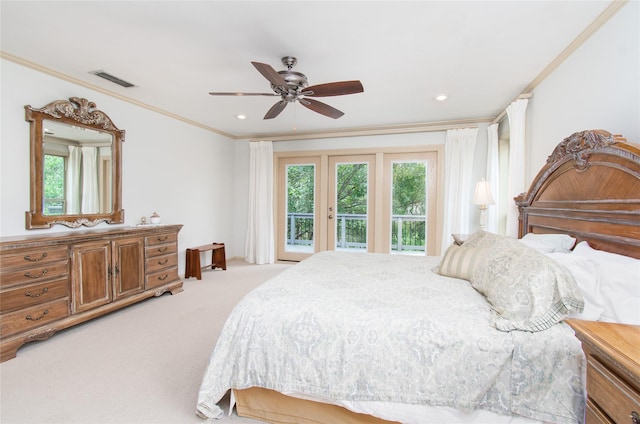 901 Hartrick Canyon Dr, Temple, TX 76502 - bedroom with access to exterior, light carpet, ceiling fan, ornamental molding, and recessed lighting
