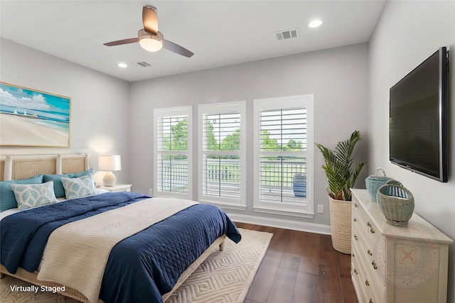 610 S Shady Ln, Shoreacres, TX 77571 - bedroom with ceiling fan, dark wood-style floors, baseboards, and recessed lighting