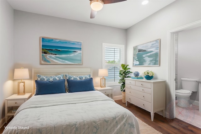 610 S Shady Ln, Shoreacres, TX 77571 - bedroom featuring dark wood-style flooring, baseboards, a ceiling fan, and recessed lighting