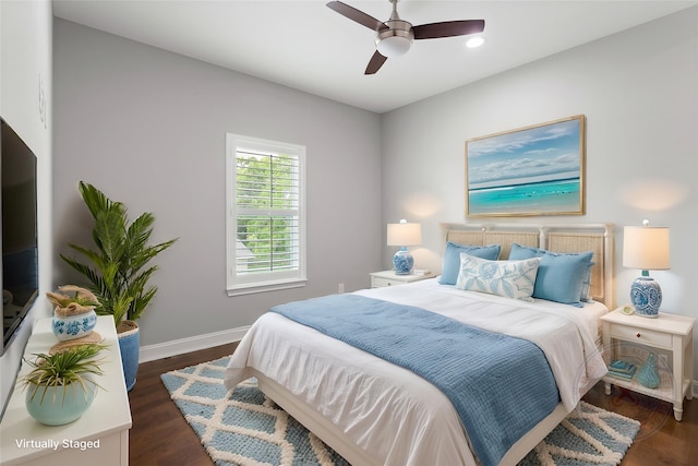 610 S Shady Ln, Shoreacres, TX 77571 - bedroom with wood finished floors, baseboards, recessed lighting, and a ceiling fan